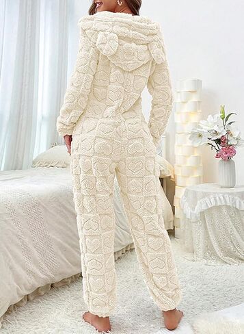 chouyatou Women's Furry Sherpa Onesie Pajamas Lounge Heart Jacquard One Piece Romper Cute Ear Hood Jumpsuit in Saudi Arabia