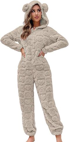 chouyatou Women's Furry Sherpa Onesie Pajamas Lounge Heart Jacquard One Piece Romper Cute Ear Hood Jumpsuit in Saudi Arabia