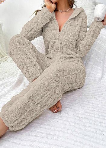 chouyatou Women's Furry Sherpa Onesie Pajamas Lounge Heart Jacquard One Piece Romper Cute Ear Hood Jumpsuit in Saudi Arabia