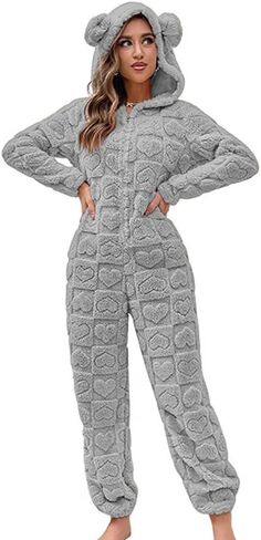 chouyatou Women's Furry Sherpa Onesie Pajamas Lounge Heart Jacquard One Piece Romper Cute Ear Hood Jumpsuit in Saudi Arabia