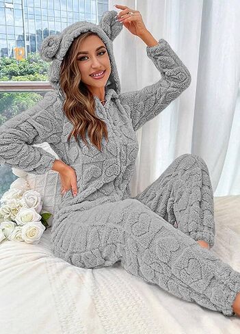 chouyatou Women's Furry Sherpa Onesie Pajamas Lounge Heart Jacquard One Piece Romper Cute Ear Hood Jumpsuit in Saudi Arabia