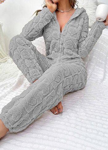chouyatou Women's Furry Sherpa Onesie Pajamas Lounge Heart Jacquard One Piece Romper Cute Ear Hood Jumpsuit in Saudi Arabia