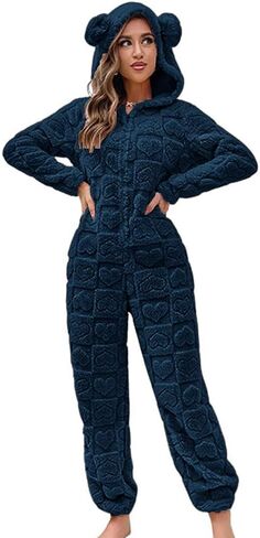 chouyatou Women's Furry Sherpa Onesie Pajamas Lounge Heart Jacquard One Piece Romper Cute Ear Hood Jumpsuit in Saudi Arabia