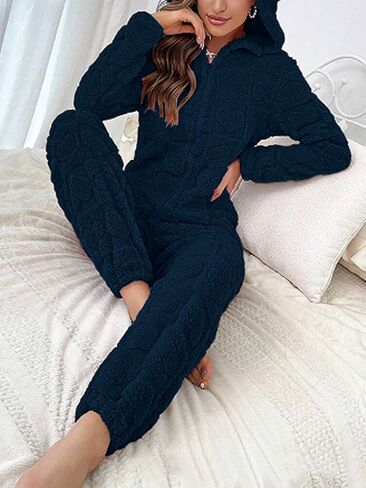 chouyatou Women's Furry Sherpa Onesie Pajamas Lounge Heart Jacquard One Piece Romper Cute Ear Hood Jumpsuit in Saudi Arabia
