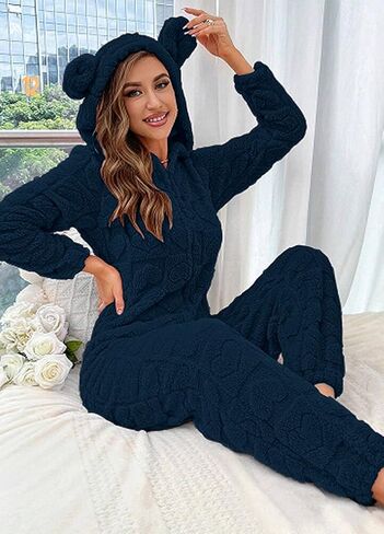 chouyatou Women's Furry Sherpa Onesie Pajamas Lounge Heart Jacquard One Piece Romper Cute Ear Hood Jumpsuit in Saudi Arabia