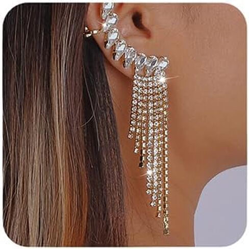 Octwine Boho Glitter Geometry Earrings Long Tassel Dangle Clip Pling Crystal Drop Serings for Women and Girls (Silver) in Kuwait
