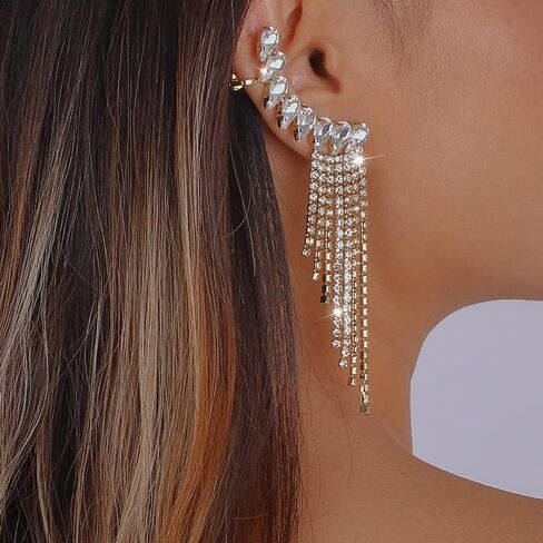 Octwine Boho Glitter Geometry Earrings Long Tassel Dangle Clip Pling Crystal Drop Serings for Women and Girls (Silver) in Kuwait