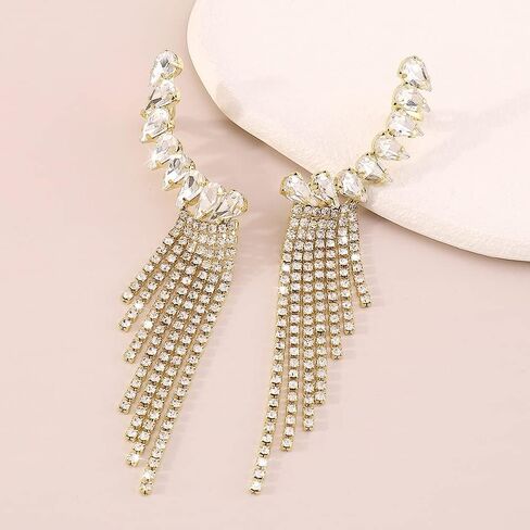 Octwine Boho Glitter Geometry Earrings Long Tassel Dangle Clip Pling Crystal Drop Serings for Women and Girls (Silver) in Kuwait