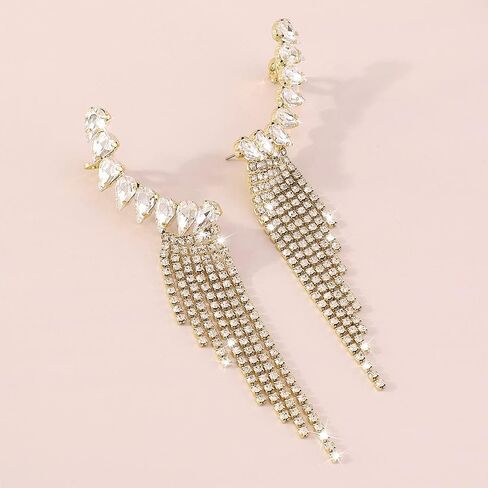 Octwine Boho Glitter Geometry Earrings Long Tassel Dangle Clip Pling Crystal Drop Serings for Women and Girls (Silver) in Kuwait