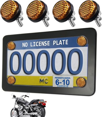 Motorcycle License Plate Frame with Yellow Reflectors Bolts and Nuts, Black Stainless Steel Tag Plate Holder Bracket Kit for Motorbike in Saudi Arabia