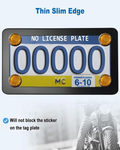 Motorcycle License Plate Frame with Yellow Reflectors Bolts and Nuts, Black Stainless Steel Tag Plate Holder Bracket Kit for Motorbike in Saudi Arabia
