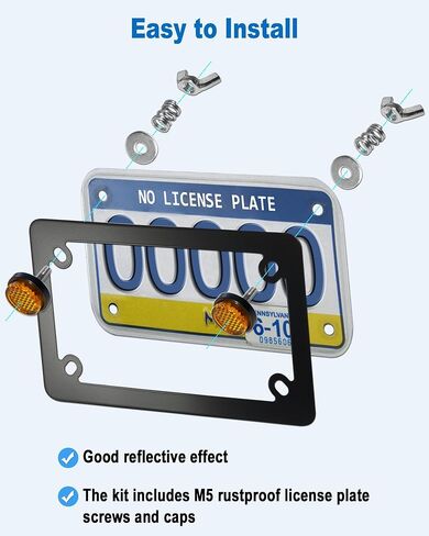 Motorcycle License Plate Frame with Yellow Reflectors Bolts and Nuts, Black Stainless Steel Tag Plate Holder Bracket Kit for Motorbike in Saudi Arabia
