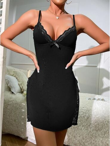 DITSONEO Womens Sexy Night Gowns Lace Trim Split Side Lingerie V Neck Sleep Dress Chemise Spaghetti Strap Nightwear in Kuwait