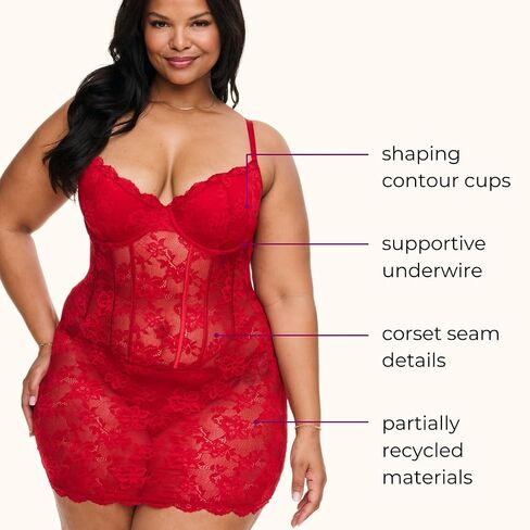 Adore Me Brielle Babydoll Dress & G-String Thong - XS-4X Regular & Plus-Size Lace Lingerie Set, Underwire Corset Top & Thong in Kuwait