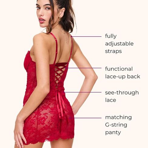 Adore Me Brielle Babydoll Dress & G-String Thong - XS-4X Regular & Plus-Size Lace Lingerie Set, Underwire Corset Top & Thong in Kuwait