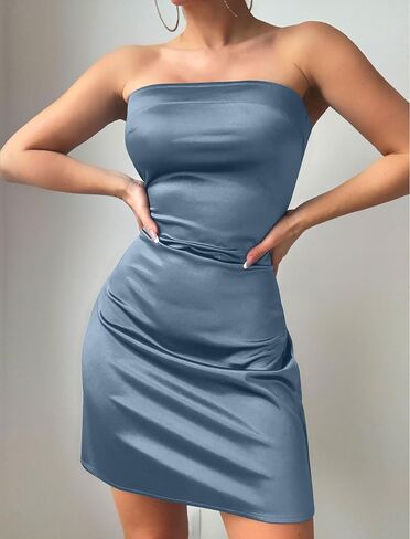 Zaful Women Tube Satin Mini Dress Bodycon عاريات الحرير الزفاف فساتين كوكتيل ضيف in Saudi Arabia