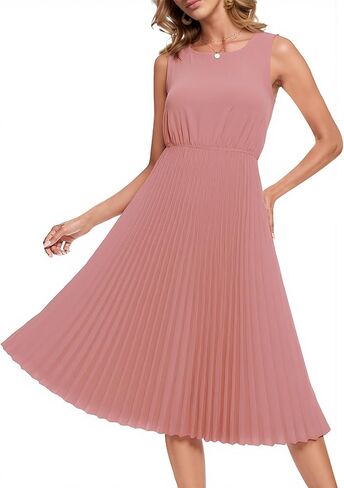 DRESSTELLS Women's Summer Sleeveless Midi Pleated Cocktail Dress for Wedding Guest Casual&Business Work in Saudi Arabia