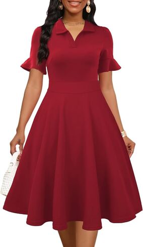 Mokayee Womens Summer Ruffle Sleeve Collared V Neck Fit and Flare Elegant A line Swing Dresses with Pockets in Saudi Arabia