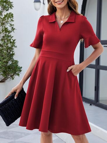 Mokayee Womens Summer Ruffle Sleeve Collared V Neck Fit and Flare Elegant A line Swing Dresses with Pockets in Saudi Arabia