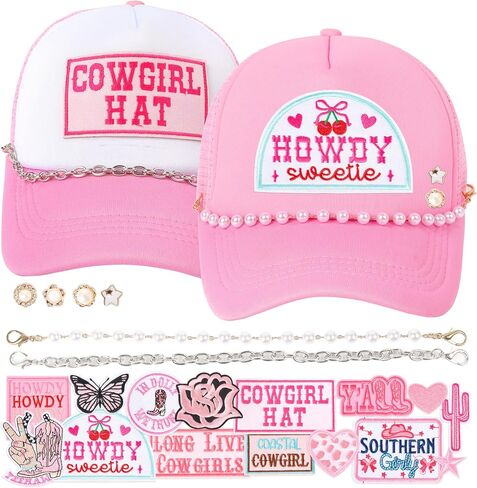 Meneng Women Trucker Hat Bulk: Western Adjustable Snapback Caps - Cowgirl DIY Hat Kit with Chains & Embroidered Patches in Saudi Arabia