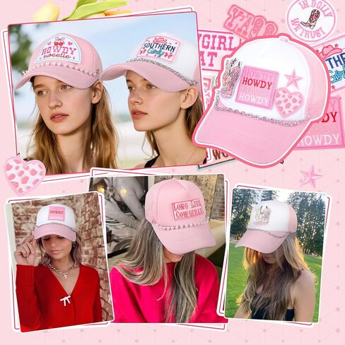 Meneng Women Trucker Hat Bulk: Western Adjustable Snapback Caps - Cowgirl DIY Hat Kit with Chains & Embroidered Patches in Saudi Arabia