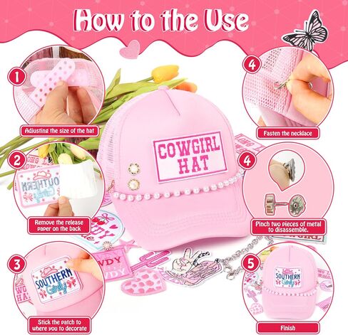 Meneng Women Trucker Hat Bulk: Western Adjustable Snapback Caps - Cowgirl DIY Hat Kit with Chains & Embroidered Patches in Saudi Arabia