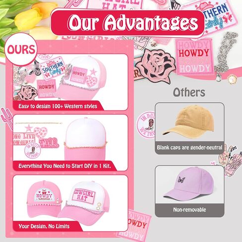 Meneng Women Trucker Hat Bulk: Western Adjustable Snapback Caps - Cowgirl DIY Hat Kit with Chains & Embroidered Patches in Saudi Arabia