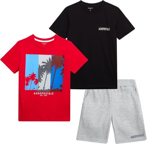 AEROPOSTALE Boys' Active Shorts Set - 3 Piece Performance Jersey Crewneck Graphic Tees and Fleece Shorts Set (Sizes: 8-12) in Saudi Arabia