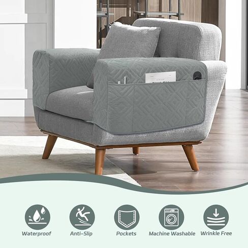 MEHIDFY Sofa Arm Cover, Waterproof Couch Armrest Protector, Anti-Slip Sofa Cover, Remote Holder for Armchair, Recliner Caddy with 3 Pockets for TV Remote, Phone, Pad, Pen, Book(Grey 2pcs) in Kuwait
