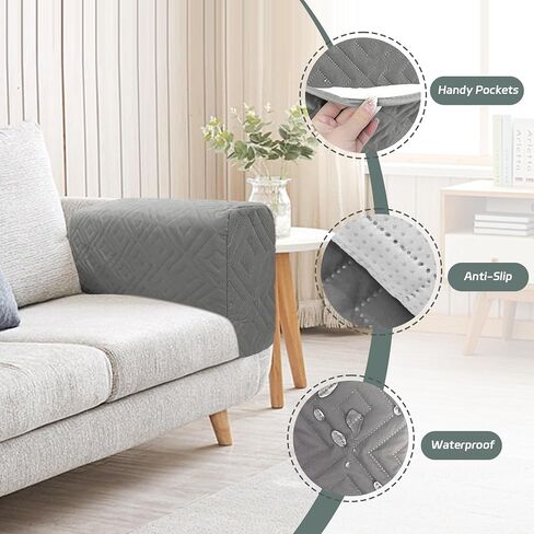 MEHIDFY Sofa Arm Cover, Waterproof Couch Armrest Protector, Anti-Slip Sofa Cover, Remote Holder for Armchair, Recliner Caddy with 3 Pockets for TV Remote, Phone, Pad, Pen, Book(Grey 2pcs) in Kuwait