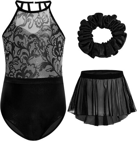 Gogokids 3 Pcs Ballet Leotards for Girls, Halter Gymnastics Leotard with Rhinestone and Removable Skirt Combo in Kuwait