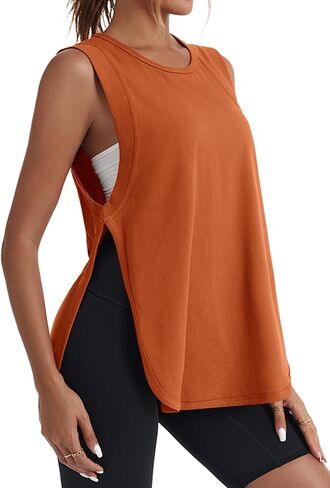 Tankaneo Womens Side Slit Workout Tank Tops Cotton Sleeveless T Shirts Oversized Summer Casual Yoga Gym Tees in Saudi Arabia