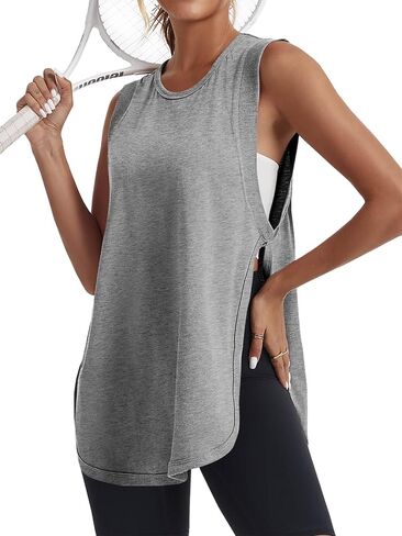 Tankaneo Womens Side Slit Workout Tank Tops Cotton Sleeveless T Shirts Oversized Summer Casual Yoga Gym Tees in Saudi Arabia