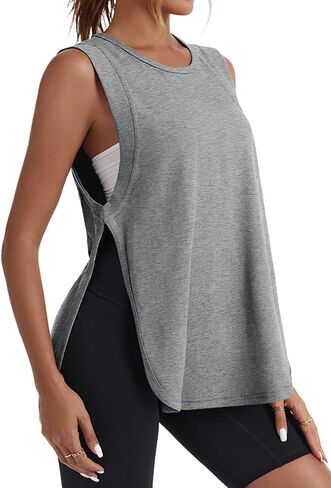 Tankaneo Womens Side Slit Workout Tank Tops Cotton Sleeveless T Shirts Oversized Summer Casual Yoga Gym Tees in Saudi Arabia