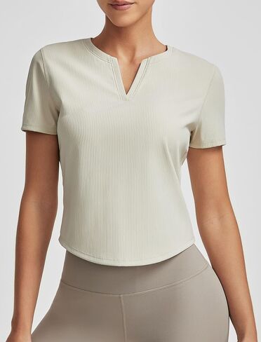 Workout Tops for Women Ribbed Athletic Short Sleeve Shirts Gym Running Curved Hem T-Shirts in Kuwait