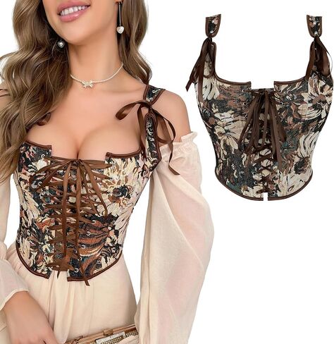 Renaissance Floral Corset Tops for Women Going-Out Vintage Brown Push-Up Overbust Bustier Lace-Up Boned Bodyshaper in Saudi Arabia