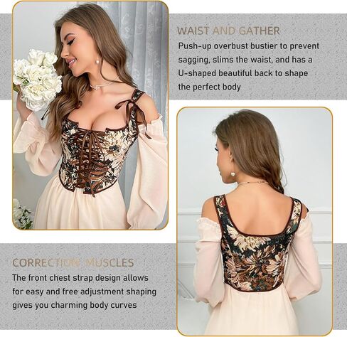 Renaissance Floral Corset Tops for Women Going-Out Vintage Brown Push-Up Overbust Bustier Lace-Up Boned Bodyshaper in Saudi Arabia