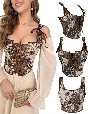 Renaissance Floral Corset Tops for Women Going-Out Vintage Brown Push-Up Overbust Bustier Lace-Up Boned Bodyshaper in Saudi Arabia