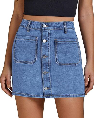 تنانير Luvamia Jean للنساء Denim High Cherged Edrendy Strendy Mini Button Minist Mront Short Pencil مع جيوب التصحيح in Saudi Arabia