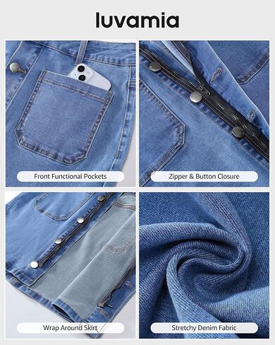 تنانير Luvamia Jean للنساء Denim High Cherged Edrendy Strendy Mini Button Minist Mront Short Pencil مع جيوب التصحيح in Saudi Arabia