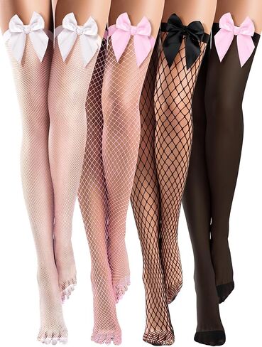 4 Pairs Fishnet Thigh High Stocking for Women Silicone Lace Top Sheer Silky over Knee High Stocking with Bows in Saudi Arabia