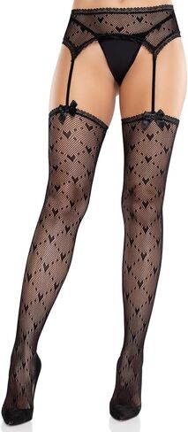 Leg Avenue Womens Heart Lace Trimmed Heart Net Stockings With Attached Garter Belt and Satin Bow Accents in Saudi Arabia