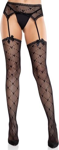 Leg Avenue Womens Heart Lace Trimmed Heart Net Stockings With Attached Garter Belt and Satin Bow Accents in Saudi Arabia