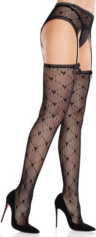 Leg Avenue Womens Heart Lace Trimmed Heart Net Stockings With Attached Garter Belt and Satin Bow Accents in Saudi Arabia