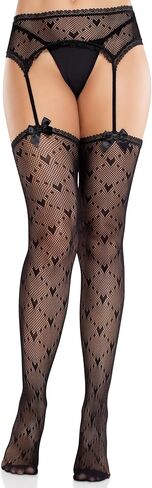 Leg Avenue Womens Heart Lace Trimmed Heart Net Stockings With Attached Garter Belt and Satin Bow Accents in Saudi Arabia