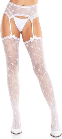 Leg Avenue Womens Heart Lace Trimmed Heart Net Stockings With Attached Garter Belt and Satin Bow Accents in Saudi Arabia