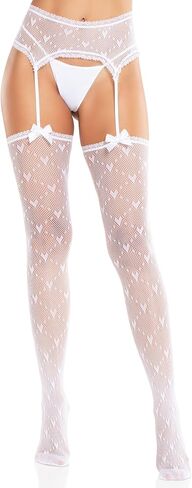 Leg Avenue Womens Heart Lace Trimmed Heart Net Stockings With Attached Garter Belt and Satin Bow Accents in Saudi Arabia