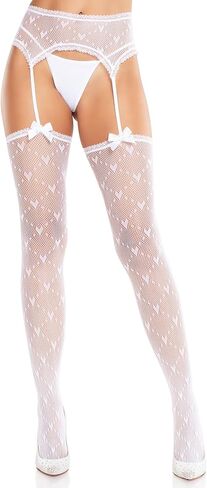 Leg Avenue Womens Heart Lace Trimmed Heart Net Stockings With Attached Garter Belt and Satin Bow Accents in Saudi Arabia