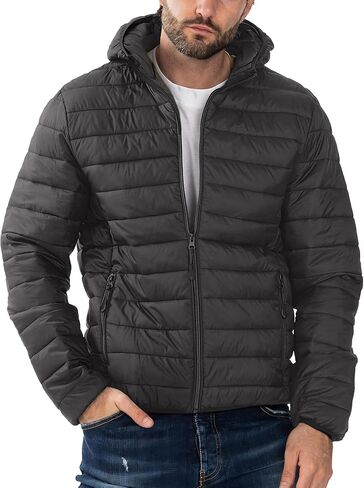 Polu Men's Puffer Jacket with Hood Warm Lightweight Hooded Winter Coat Puffer Jacket for Men Work Outdoor Hiking in Kuwait