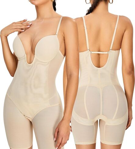 Backless Deep U Plunge Bodysuit for Women Tummy Control Full Body Shapewear Strapless Mid Thigh Body Shaper in Kuwait